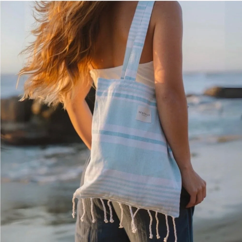 Seafolly Australia Turkish Towel‎ Set Blue Mist Stripe Beach Bag NEW